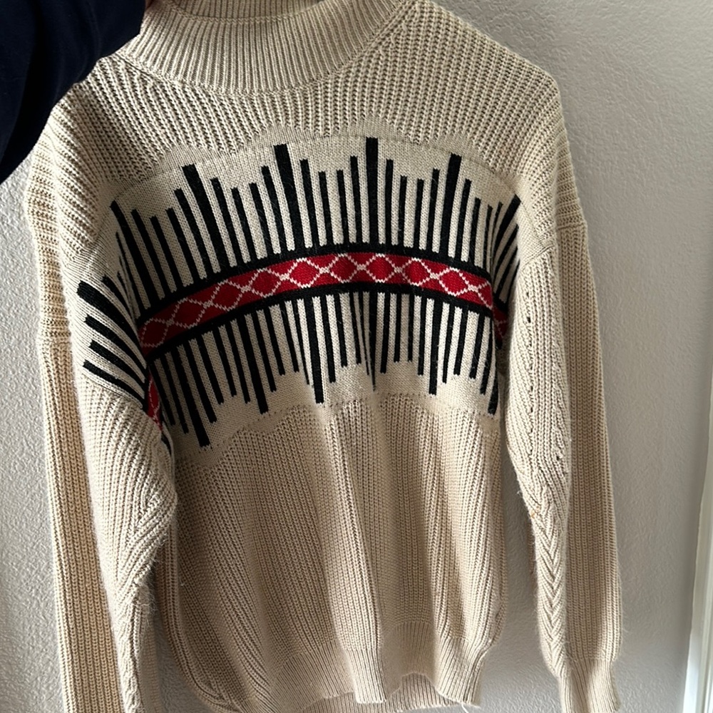 Chic Beige Knit Sweater with Red and Black Pattern